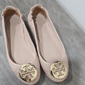 Tory Burch Cream Gold Flats with Signature Logo